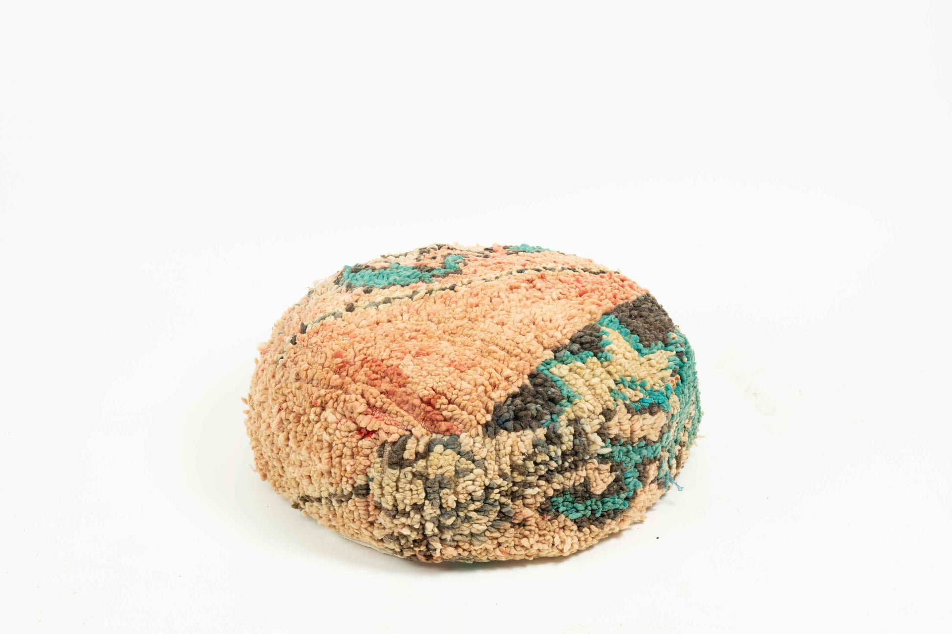 Round Boujad Pillow Cover in Turquoise and Beige with Tribal Style